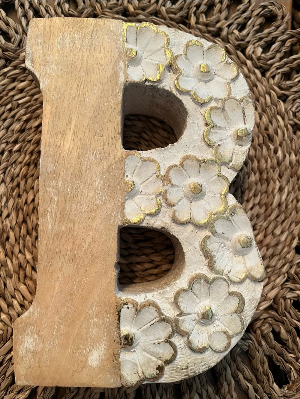 Wooden Decorative Letter B with Carved Flowers - White & Natural